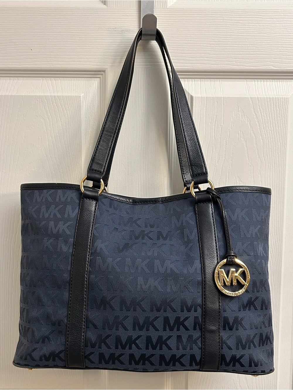 Michael Kors Navy MK Logo Tote with Gold Charm